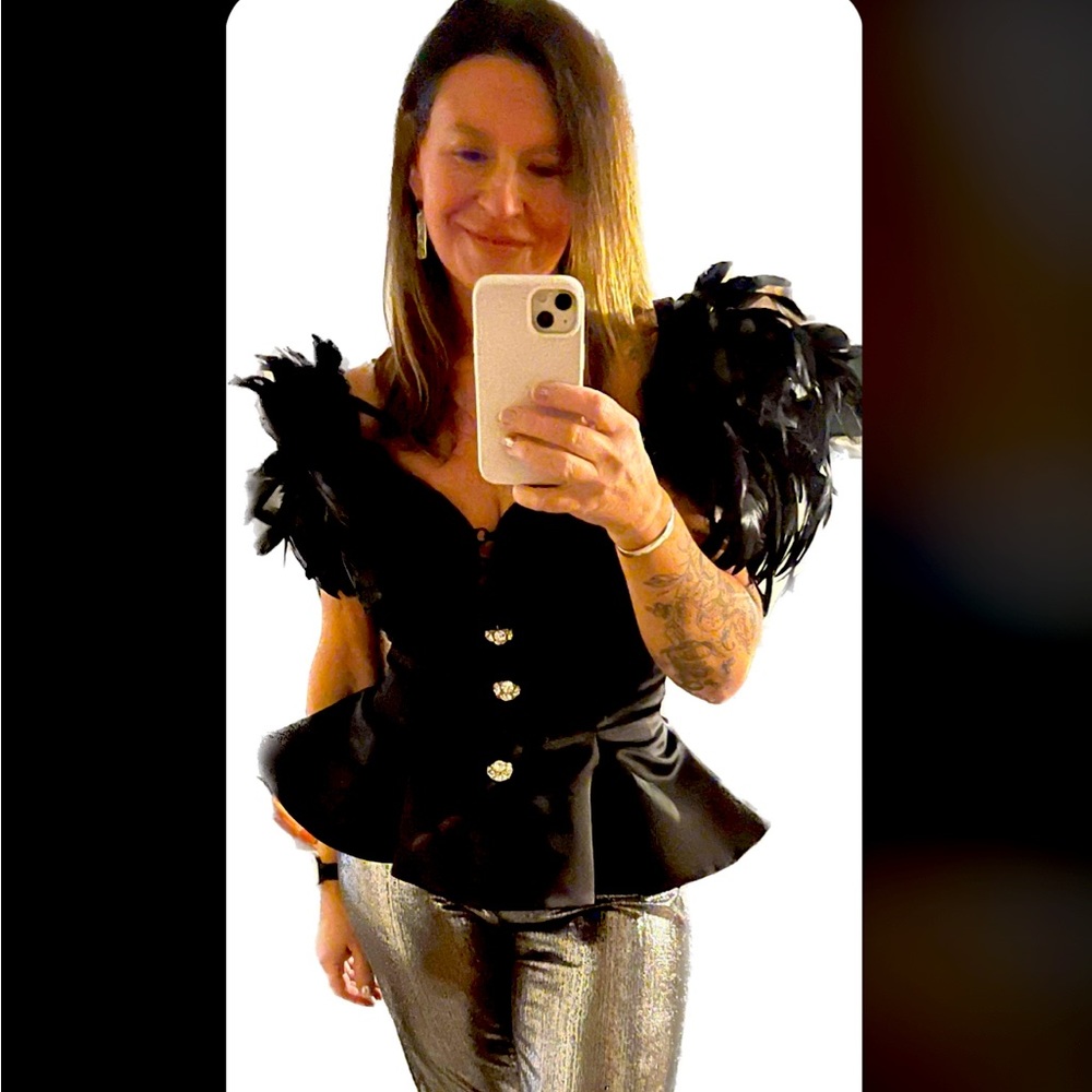 Vintage 80s Glam Satin Feather Peplum top